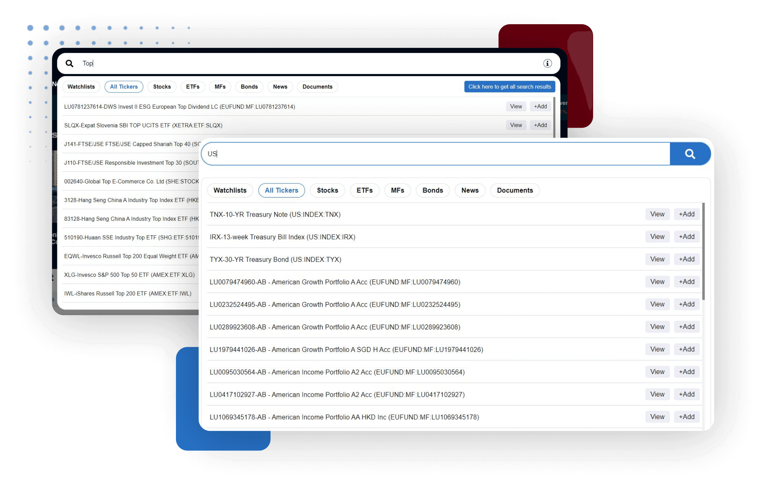 Image collage showing search options for tickers